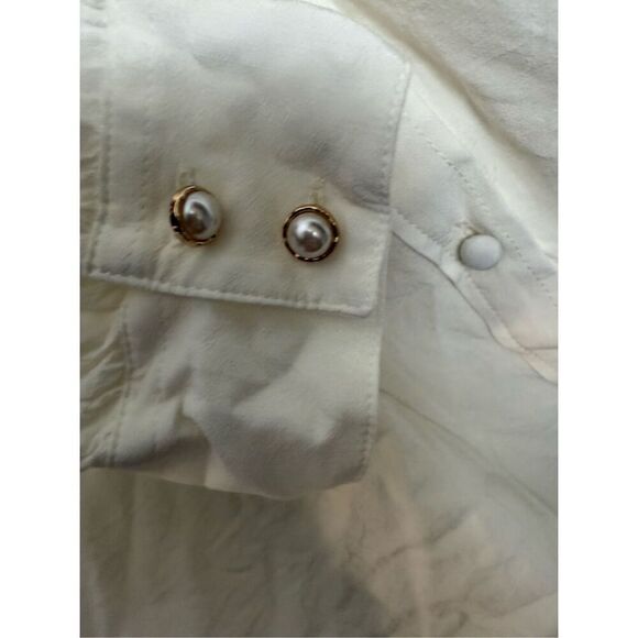 Talbots 100% Rayon Button Up Pearl Buttons Lettuce Collar Blouse Dressy XL Petit - Picture 2 of 4